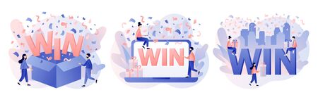 WIN text. You Win Concept. Congrats winner on falling down confetti background. Modern flat cartoon style. Vector illustrationのイラスト素材