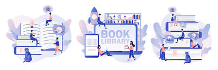 Book library. Literature fans, E-book, media library, learning online. Tiny people reading books. Modern flat cartoon style. Vector illustrationのイラスト素材