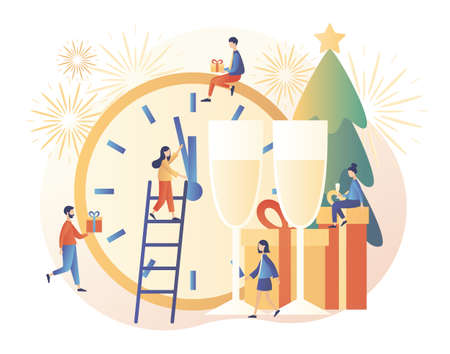 Happy New Year. Winter Holidays concept. Tiny people are preparing for the New year. Modern flat cartoon style. Vector illustrationのイラスト素材