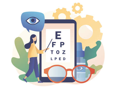 Ophthalmology concept. Eye check up. Ophthalmologist checks patient sight. Modern flat cartoon style. Vector illustration on white backgroundのイラスト素材