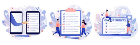 Online survey concept. Tiny people filling online survey form on smartphone or laptop. Feedback service. Modern flat cartoon style. Vector illustration on white backgroundのイラスト素材