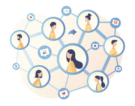 Social Networking. Share concept. Social media. Tiny people communicate sharing data, photos, links,...