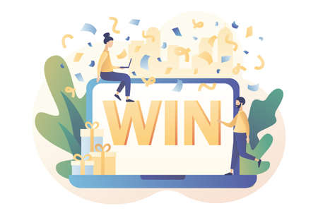 WIN text on laptop screen. You Win Concept. Congrats winner on falling down confetti background. Modern flat cartoon style. Vector illustration on white backgroundのイラスト素材