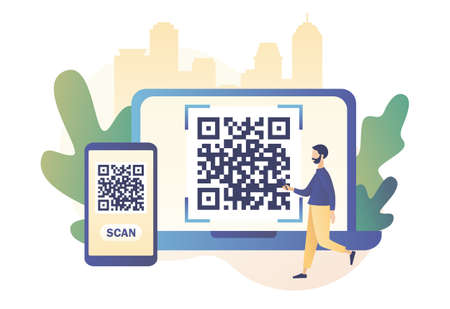 QR Code scanning concept. Tiny male scan code using smartphone and laptop. Modern flat cartoon style. Vector illustration on white backgroundのイラスト素材