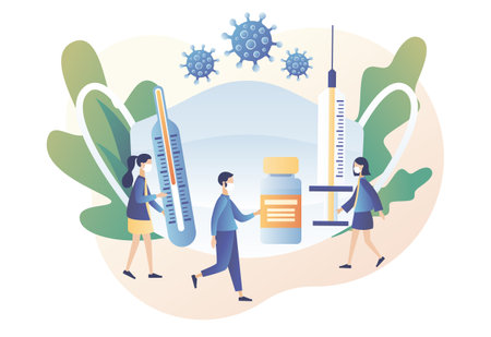 COVID-19 prevention. Coronavirus concept. Stop novel coronavirus 2019-nCoV . Tiny people with big white medical face mask. Modern flat cartoon style. Vector illustration on white backgroundのイラスト素材