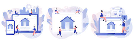 Homepage. Web page design on smartphone or laptop. Tiny people working on website homepage development, optimization, setup. Modern flat cartoon style. Vector illustration on white backgroundのイラスト素材