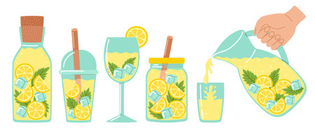 Lemonade set. Fresh juicy lemon drinks in glass, jar or jug, yellow juice and straw, ice cube, mint leaf. Tropic summer cocktails. Hand drawn vector illustration isolated on white backgroundのイラスト素材