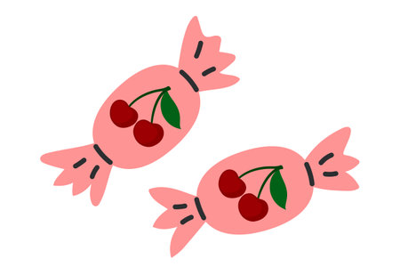 Sweet lollipops with cherry flavor. Hard candy with taste cherry. Flat Vector illustration isolated on white backgroundのイラスト素材