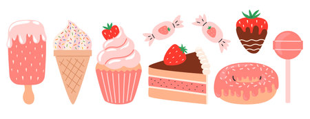 Strawberry food set. Summer sweets and desserts with the taste of strawberries. Strawberry Fair. Flat Vector illustration isolated on white backgroundのイラスト素材