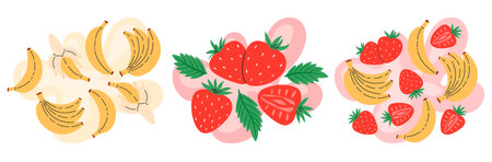 Fruit and berries set on abstract background. Banana and strawberry taste. Fresh summer juicy fruit. Flat Vector illustrationのイラスト素材