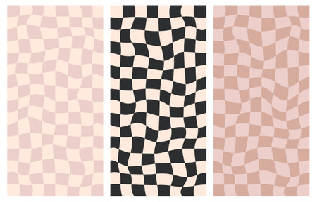 Groovy hippie 70s backgrounds. Checkerboard, chessboard, mesh, waves pattern. Twisted and distorted texture in trendy retro psychedelic Y2k style. Flat vector illustrationのイラスト素材