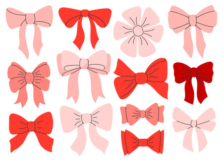 Cute red and pink bow set. Fashionable various bows, gift ribbons. Bowknots for gift wrapping. Hair accessory. Hand drawn flat vector illustration isolated on white backgroundのイラスト素材