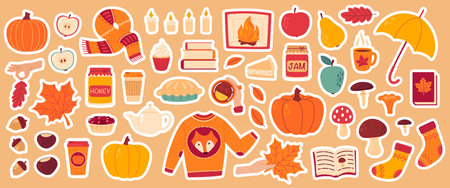 Autumn cozy sticker set. Collection of fall leaves, apple, pumpkin, mushrooms, knitted socks, sweater, scarf, book, home bakery, coffee and tea cup. Hand drawn flat vector illustrationのイラスト素材