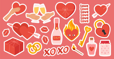 Valentine s day sticker pack. Love elements set. Hearts, gifts and other romantic symbols. Hand drawn Flat Vector illustrationのイラスト素材