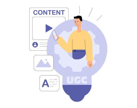 UGC concept. User generated content. Social media marketing. Character creating content in social media or website. Flat vector illustration for website, landing page, mobile app, poster and bannerのイラスト素材