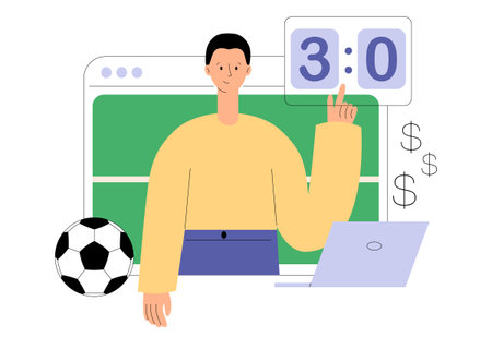 Football. Sports games concept. Bookmaker market, wagering website, sports betting mobile app. Digital sports, e-sport league, online football tournament. Flat vector illustrationのイラスト素材