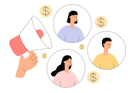 Refer a friend concept. Marketing referral program. Special offer announcement. Hand hold loudspeaker or megaphone. Round profiles of users in social media. Flat vector illustrationのイラスト素材