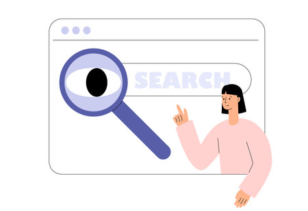 Search concept. Eye looking through magnifying glass. Cartoon character with search bar. Surfing the Internet, website, online company. Search panel in the browser. Flat vector illustrationのイラスト素材