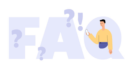 FAQ concept. Male character use chatbot frequently asked questions. Online support service. QA speech bubble, question and answer session. Flat vector illustrationのイラスト素材