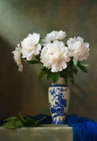 Still life with white peonies in a chinese vase