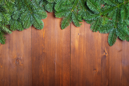 Fir branches on wooden boardsの写真素材