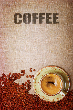 Bag with the word coffee and cup and coffee beansの写真素材