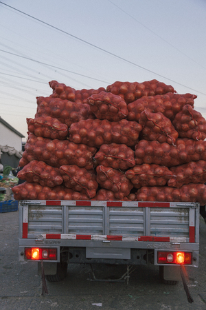 21,Dec, 2014 Beijing China. Onions in red plastic mesh sacks and bags in grid on a carのeditorial素材
