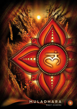 Poster, wallpaper with root chakra symbol (Muladhara). Artwork with mystical nature elements and...