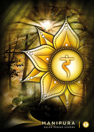 Poster, wallpaper with solar plexus chakra symbol (Manipura). Artwork with mystical nature elements and landscapes.の写真素材