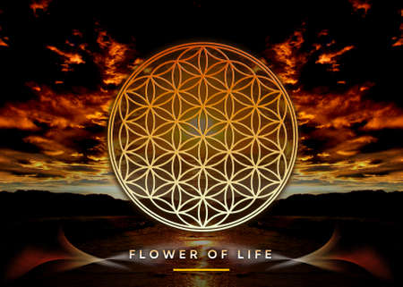 Poster, Wallpaper with Flower Of Life in beautiful, mystical nature landscape (clouds, ocean)の写真素材