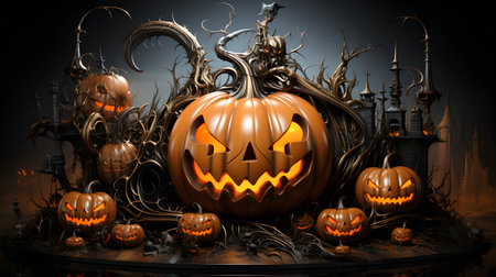 Happy Halloween background (wallpaper, banner, backdrop). Enchanted, futuristic, surrealistic scenery with pumpkin heads and typical Halloween elementsの素材