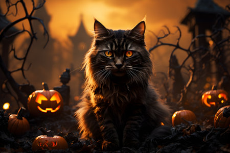 Halloween background image, wallpaper, banner. A grumpy cat, spooky scenery in a haunted forest graveyard with pumpkin heads, bats, scary trees and typical Halloween elements.の素材