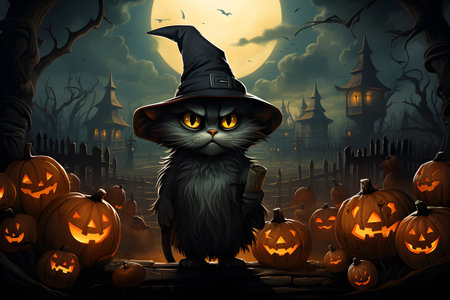 Halloween background image, wallpaper, banner. A grumpy cat, spooky scenery in a haunted forest graveyard with pumpkin heads, bats, scary trees and typical Halloween elements.の素材