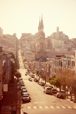 San Francisco street in beautiful sunset lightの写真素材