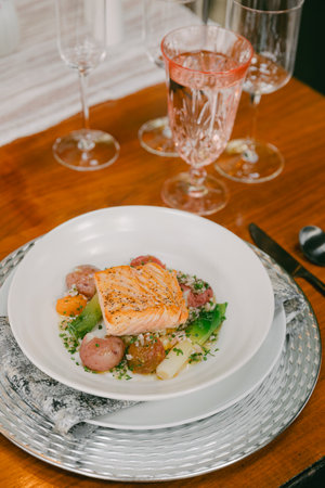 A beautifully plated salmon dish features a perfectly cooked fillet alongside vibrant vegetables, elegantly arranged on a fine dining table with glassware.の写真素材