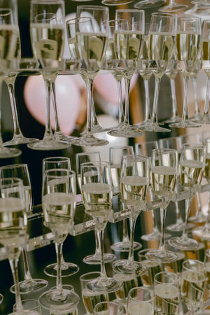 Rows of sparkling champagne glasses arranged for a joyful celebration invite guests to enjoy the festivities.の写真素材