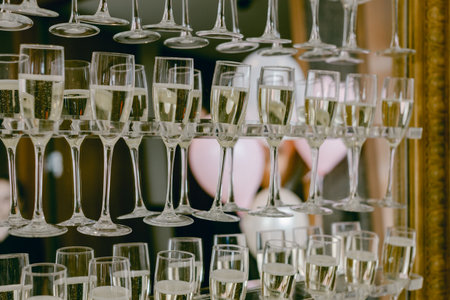 An elegant arrangement of glasses filled with sparkling drink reflects the festive atmosphere of a joyous celebration.の写真素材