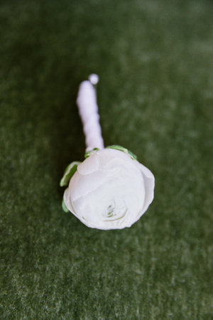 A white rose with green accents lies on lush grass, evoking a spring celebration vibe.
