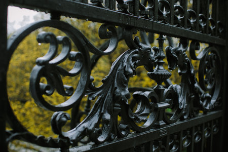 An ornate wrought iron gate frames a colorful autumn scene filled with golden leaves and serene surroundings.の写真素材