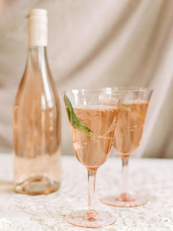 Two elegant glasses hold a pink cocktail garnished with mint, accompanied by a bottle on a textured white table.の写真素材