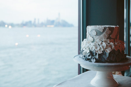 A beautifully crafted wedding cake is displayed by a large window with a waterfront view during an...
