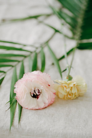 Two soft flowers, one pink and one yellow, are placed with green leaves on a textured linen...