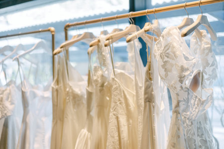 Bridal gowns hang elegantly in a boutique, offering a variety of styles for future brides to choose from.の写真素材