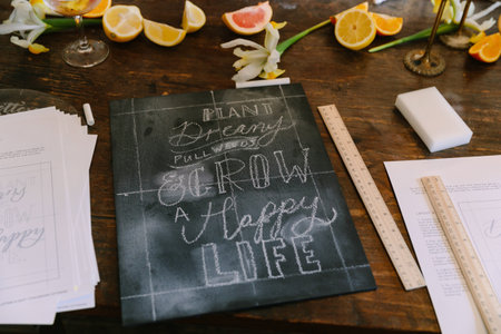 A workspace features a chalkboard with an inspiring quote being designed, surrounded by decorative...