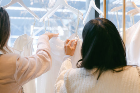 Two women browse elegant dresses on hangers, enjoying a vibrant shopping experience in a boutique.の写真素材