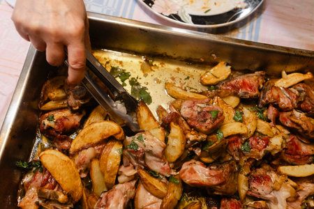 Tender roasted chicken accompanied by crispy potatoes and fresh herbs, enjoyed in a warm kitchen atmosphere.の写真素材