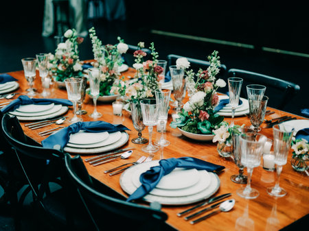 A beautifully arranged dining table features fresh flowers and coordinated tableware, perfect for an evening event.の写真素材