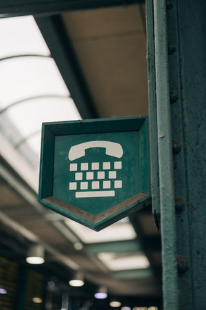 A green sign with a typewriter and telephone hangs in a busy urban train station, highlighting...