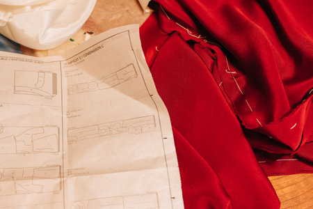 A detailed sewing pattern rests beside vibrant red fabric, showcasing preparation for a creative...