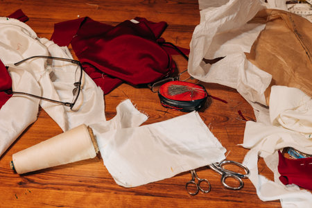 Sewing supplies like fabric, scissors, and a pin cushion are scattered on a wooden table in a...